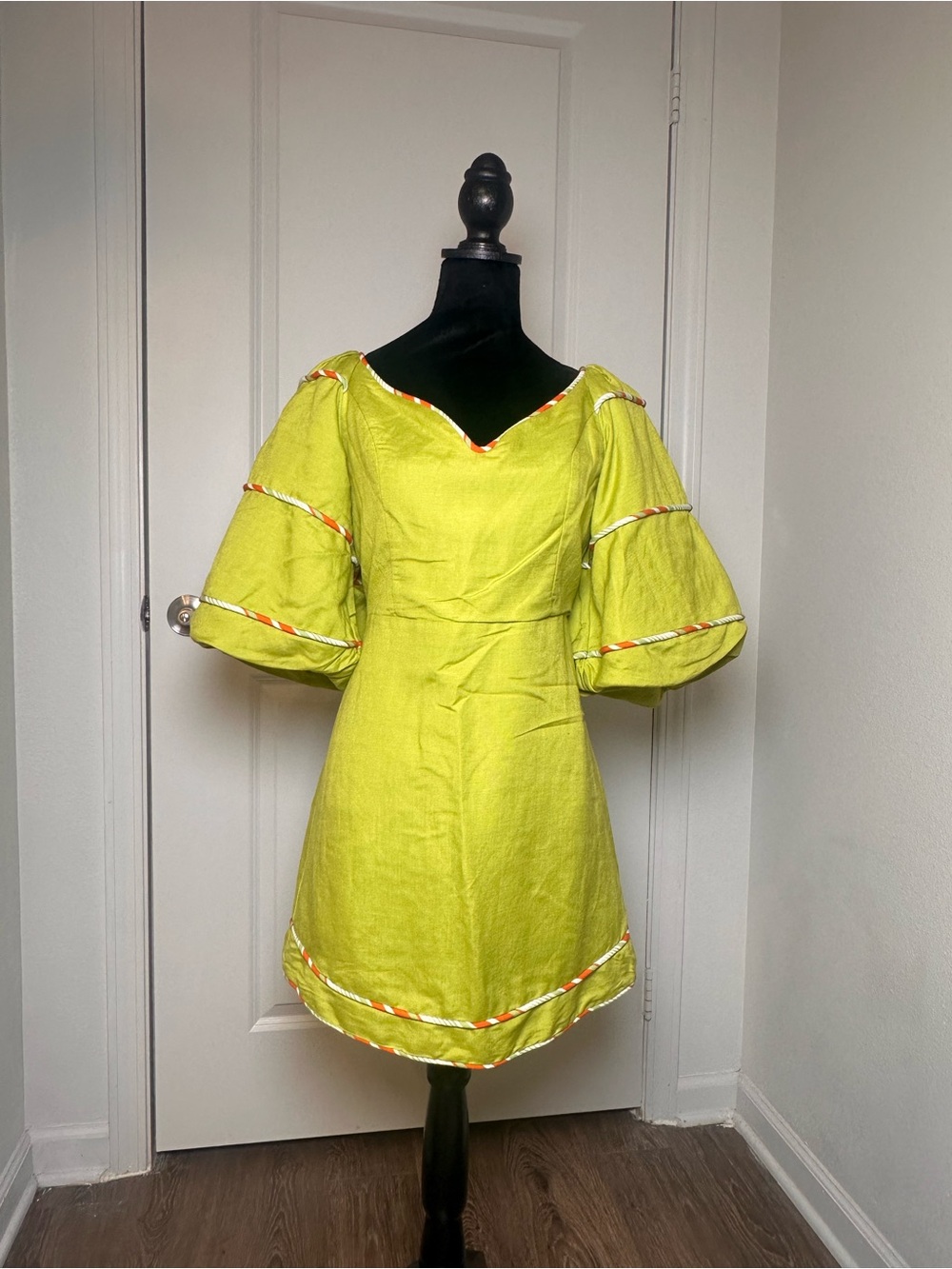 Lime Green Puff-Sleeve Mini Dress with Decorative Trim / BNWT